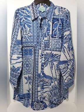 True Destinations Resort/Beach Coverup Blue/White Button-Up 100% Cotton Shirt XL